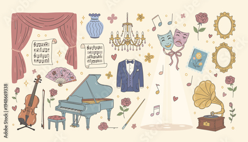 Hand drawn classical music and theater performance elements collection