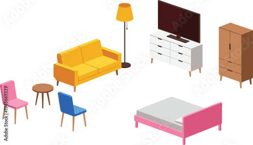 Home furniture set with sofa bed chairs wardrobe TV cabinet and lamp, modern living room and bedroom interior vector illustration