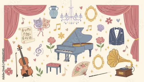 Classical music performance elements and theater stage decor