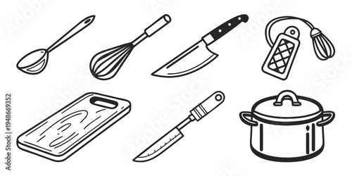 a collection of kitchen utensils and cookware Vector