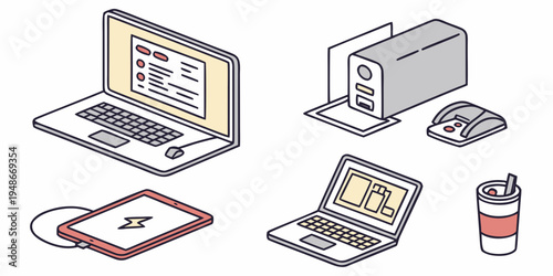 a set of computer and office equipment Vector