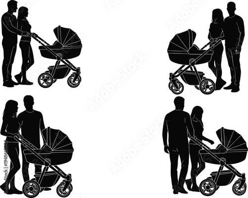 Parents with baby stroller silhouette set, mother and father walking with pram from different angles isolated on white background family parenting concept