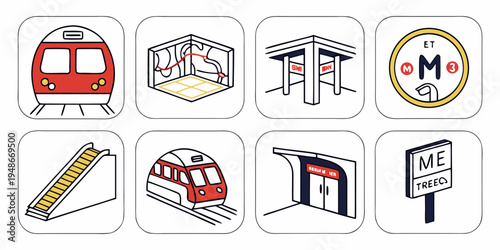 a set of icons related to train and railway station Vector