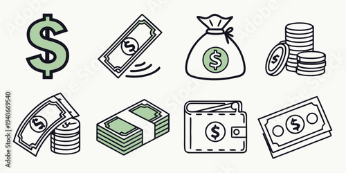 a collection of various money icons and symbols Vector