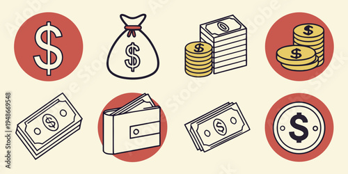 various money icons including dollar sign and banknotes Vector