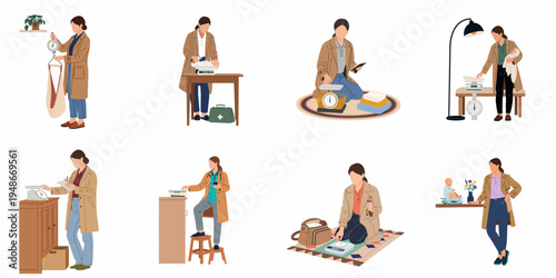 Collection of flat vector illustrations showing a healthcare professional or midwife performing home infant health checks and weighing babies with different scales.