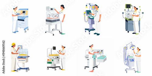Collection of flat vector illustrations depicting female medical professionals caring for infants in neonatal intensive care unit incubators and using advanced medical equipment.