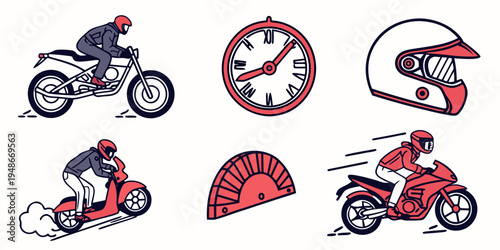 red and black motorcycle racing icons with clock Vector