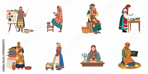 Vector illustrations of diverse women in traditional attire engaged in community healthcare, education, and social work activities.