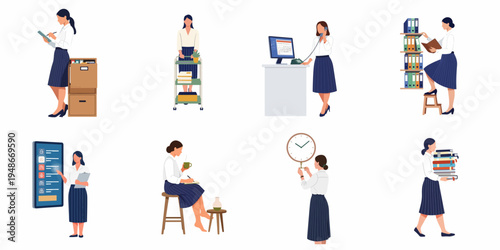 Set of flat illustrations showing a businesswoman performing various daily office and administrative tasks like filing, calling, and organizing.
