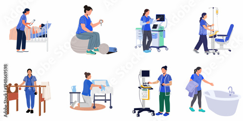 Collection of flat vector illustrations showing a midwife and pregnant woman during various stages of prenatal care, labor preparation, and hospital delivery.