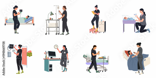 Flat illustration set of diverse female nurses performing various medical duties and caring for patients in a hospital setting.