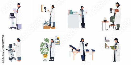 Set of Vector Illustrations Featuring Female Doctors and Sonographers Conducting Ultrasound Examinations and Reviewing Results in a Modern Clinic Setting.