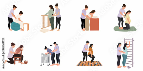 Set of flat illustrations showing a doula or midwife supporting pregnant women through various labor positions and comfort measures.