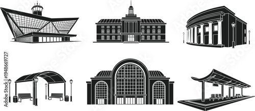 Public building silhouettes collection including airport terminal, train station, pavilion and classical architecture landmarks, urban infrastructure vector illustration