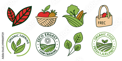 a collection of green and red leaf icons and vegetable logos Vector