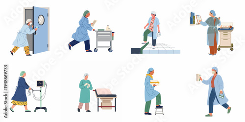 Collection of flat vector illustrations depicting diverse medical professionals and nurses performing various healthcare tasks in a hospital or clinic setting.