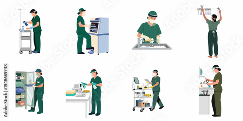 Set of healthcare professionals in green scrubs performing medical instrument sterilization, disinfection, and sanitization tasks in a clinical environment.