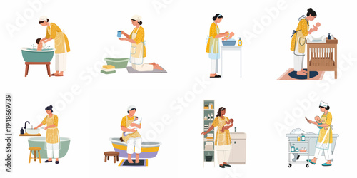 A collection of flat vector illustrations depicting a professional nanny or nurse bathing and caring for a newborn baby in different bathroom settings.