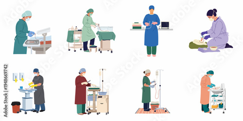 Flat Illustration Set of Surgeons and Medical Staff Performing Various Procedures in a Hospital or Clinical Setting