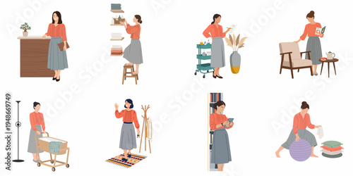 Flat vector illustration set of a young woman performing various daily activities and professional tasks in different home and work settings.