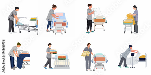 Set of healthcare workers in uniforms preparing and making hospital beds, including changing linens and pillows in a medical clinic.