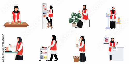 Muslim Female Healthcare Worker in Red Vest Performing Various Tasks like Dispensing Medicine, Weighing Patients, and Managing Medical Supplies