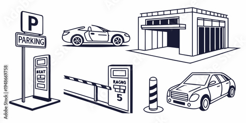 a parking lot with cars and a gate Vector