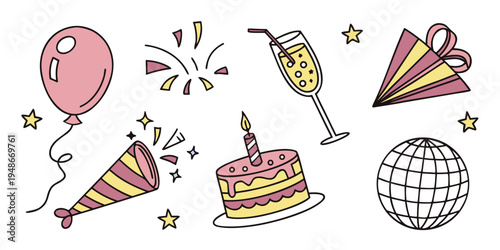 a collection of party objects including a balloon and cake Vector
