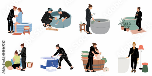 Set of illustrations depicting professional midwives assisting pregnant women during a home water birth experience.