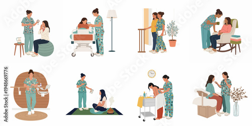 Collection of Flat Illustrations Depicting Nurses and Doulas Providing Professional Maternity Care, Prenatal Support, and Postpartum Assistance to Pregnant Women