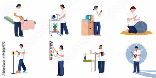 Collection of illustrations featuring a nurse or midwife using handheld fetal dopplers and medical monitoring equipment in diverse healthcare settings.