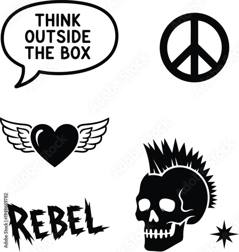 Set of Black and White Vector Icons Featuring Punk Skull Peace Sign and Motivational Quotes