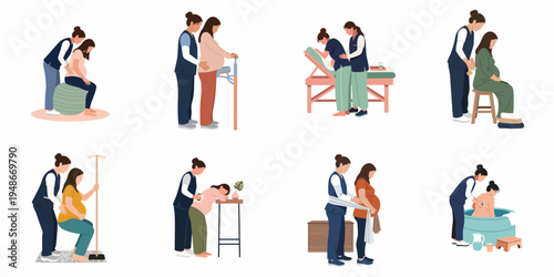 Set of illustrations showing a midwife or doula assisting a pregnant woman in various labor support positions and natural childbirth techniques.