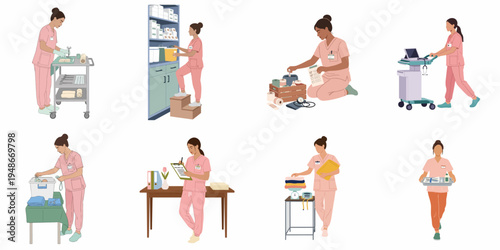 Set of illustrations featuring a female nurse in pink scrubs performing different medical tasks like managing supplies, documents, and equipment in a hospital.