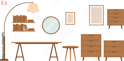 Home interior furniture set, wooden table lamp mirror bookshelf cabinet and wall frames collection, modern living room decor vector illustration