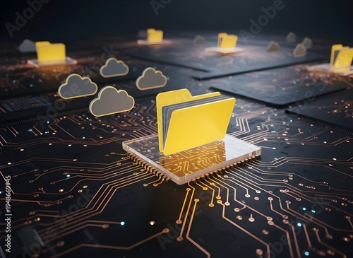 Circuit board with glowing folder and cloud icons representing data migration and file synchronization between on-premise and cloud systems.Data Management & Cloud/Enterprise IT Systems 