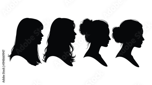 Silhouette portraits of four women with distinctive hair styles and profiles in black against a white background