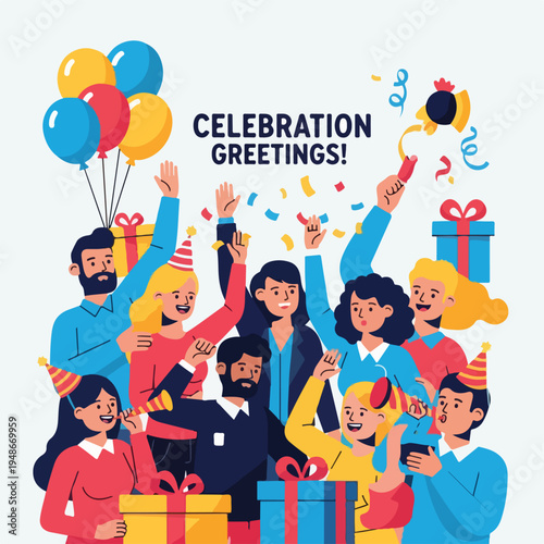 Group of people celebrating with balloons, gifts, and confetti