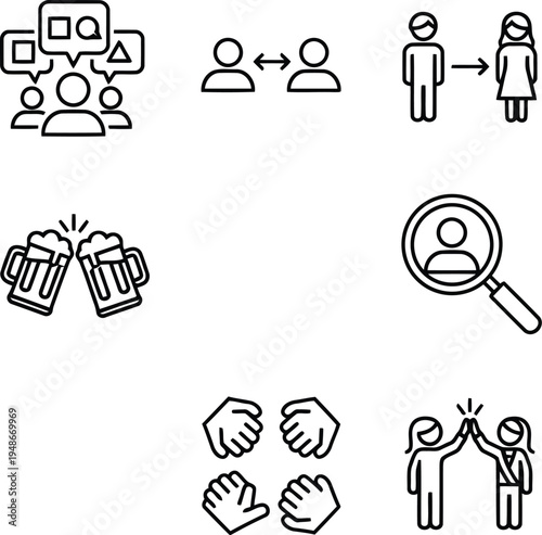 Social Interaction and Human Connection Line Icon Set for Business and Networking Concepts