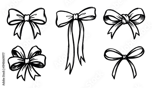 Five different hand-drawn bows are illustrated, showcasing various designs suitable for celebrations and festive occasions.