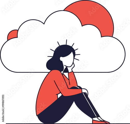 Depressed Woman Sitting Alone with Storm Cloud Concept Flat Vector Illustration