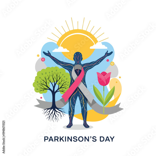 Illustration for Parkinson's Day features a human figure, tree, sun, and flower