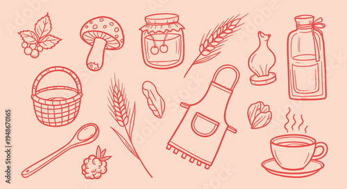 Hand drawn kitchen and farm food elements set
