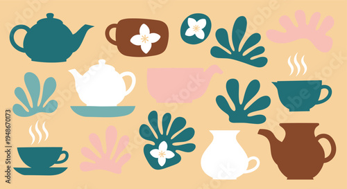 Set of tea time elements with teapots cups and abstract floral shapes