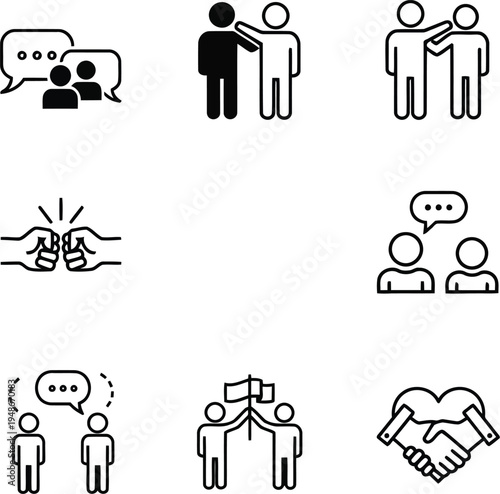 Friendship and Teamwork Line Icon Set for Business Collaboration and Social Interaction