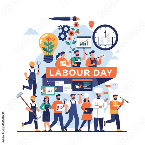Group of people working various jobs celebrating Labor Day