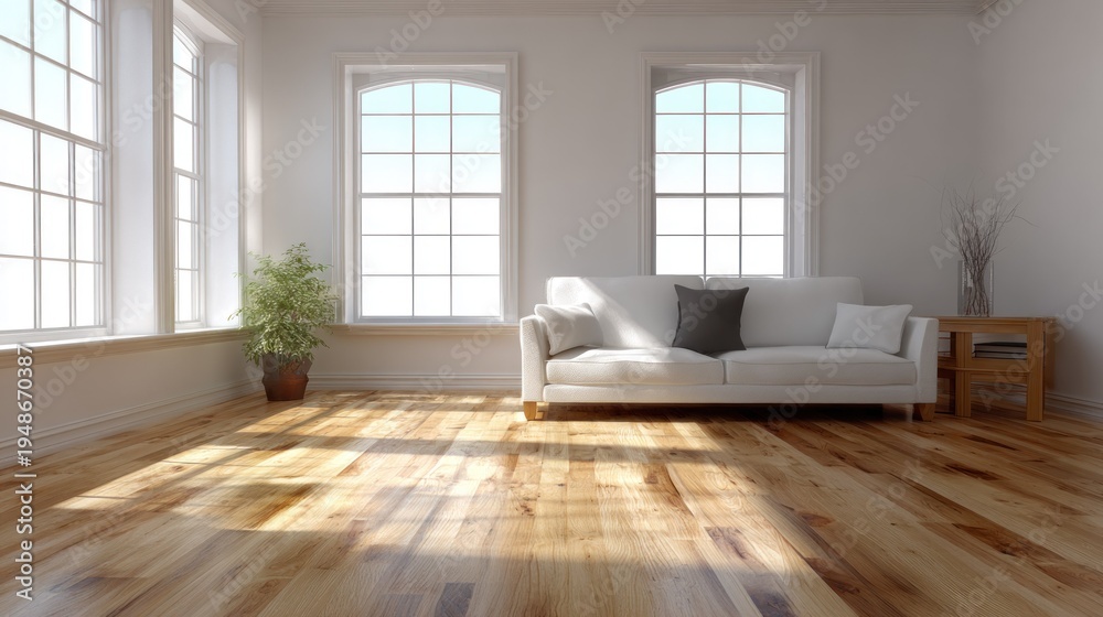 Obraz premium Bright interior living space showcasing natural wood flooring illuminated by sunlight streaming through tall windows.