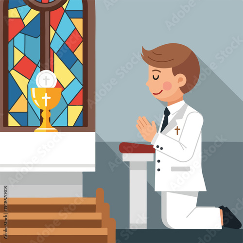Illustration of a child praying near a stained-glass window and a chalice