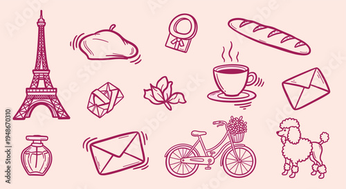 Hand drawn doodle set of iconic French symbols and travel elements
